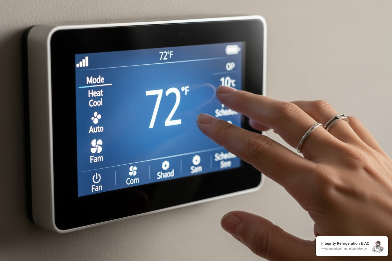 A homeowner thoughtfully checking the settings on their digital thermostat, with a hand poised over the controls. - ac emergency repair