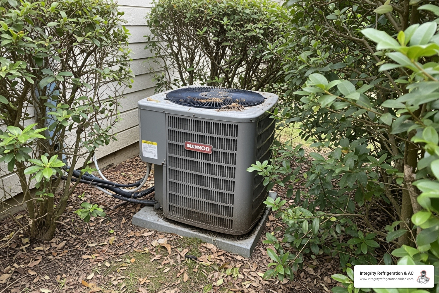 A dirty and clogged outdoor condenser unit surrounded by overgrown bushes and debris, illustrating a common cause of AC breakdowns. - ac emergency repair