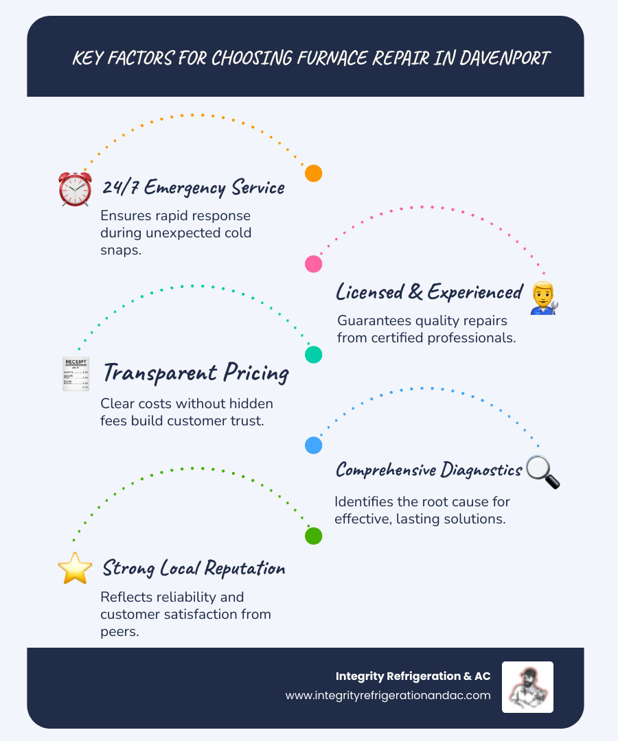 infographic showing key factors for choosing a furnace repair company including emergency availability, licensing, transparent pricing, local reputation, and diagnostic capabilities - "Can you recommend some companies for furnace repair in the Davenport area?" infographic infographic-line-5-steps-blues-accent_colors