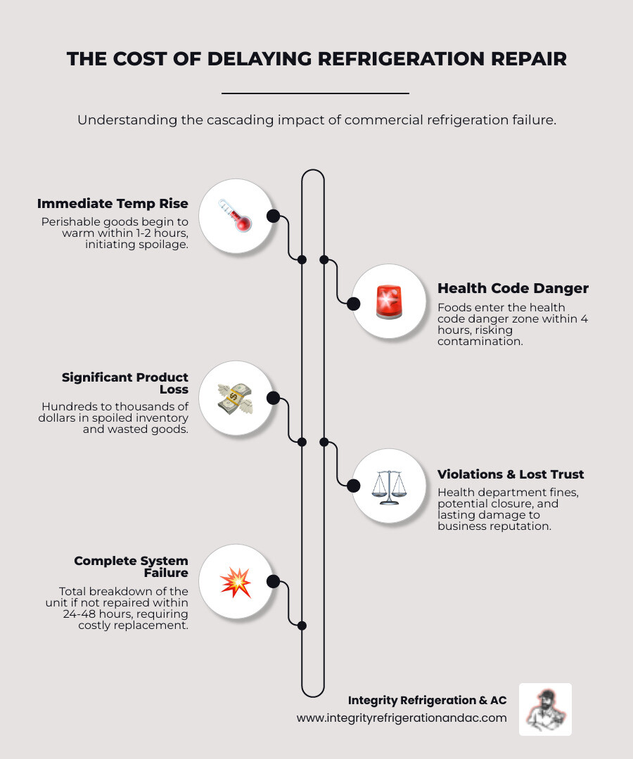Infographic showing the cascading impact of commercial refrigeration failure: immediate product temperature rise within 1-2 hours, health code danger zone reached within 4 hours, potential product loss in the hundreds to thousands of dollars, health department violations risking fines and closure, customer trust damage requiring months to rebuild, and complete system failure if not addressed within 24-48 hours - 24 hour commercial refrigeration repair in haines city, fl infographic infographic-line-5-steps-elegant_beige Infographic showing the cascading impact of commercial refrigeration failure: immediate product temperature rise within 1-2 hours, health code danger zone reached within 4 hours, potential product loss in the hundreds to thousands of dollars, health department violations risking fines and closure, customer trust damage requiring months to rebuild, and complete system failure if not addressed within 24-48 hours - 24 hour commercial refrigeration repair in haines city, fl infographic infographic-line-5-steps-elegant_beige