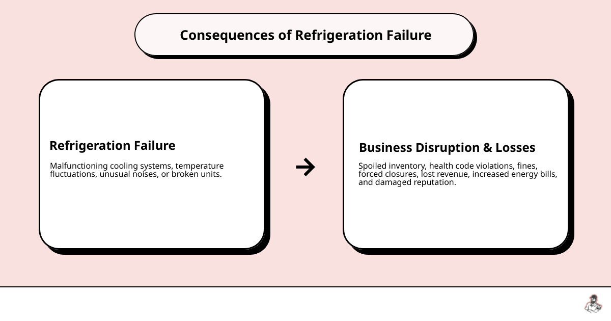 Infographic showing the impact of refrigeration failure: spoiled inventory leading to thousands in losses, health code violations resulting in fines and closures, increased energy bills from inefficient systems, and business downtime affecting customer satisfaction and revenue - commercial refrigeration repair service in winter haven, fl infographic cause_effect_text