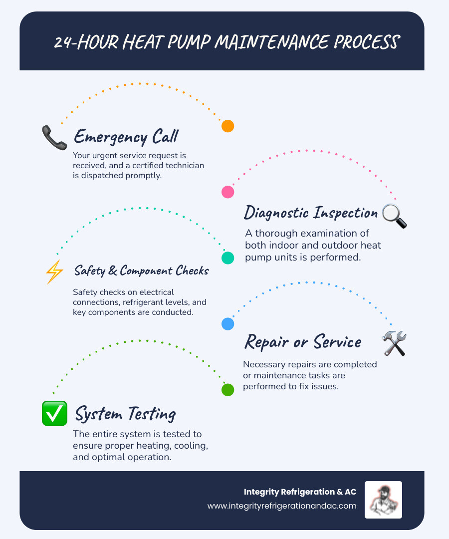 Infographic showing the 24-hour heat pump maintenance process: Step 1 - Emergency call received and technician dispatched; Step 2 - Diagnostic inspection of indoor and outdoor units; Step 3 - Safety checks on electrical connections and refrigerant levels; Step 4 - Component testing including compressor, blower motor, and thermostat; Step 5 - Repairs completed or maintenance performed; Step 6 - System tested for proper heating and cooling operation - 24 hour heat pump maintenance in haines city, fl infographic infographic-line-5-steps-blues-accent_colors