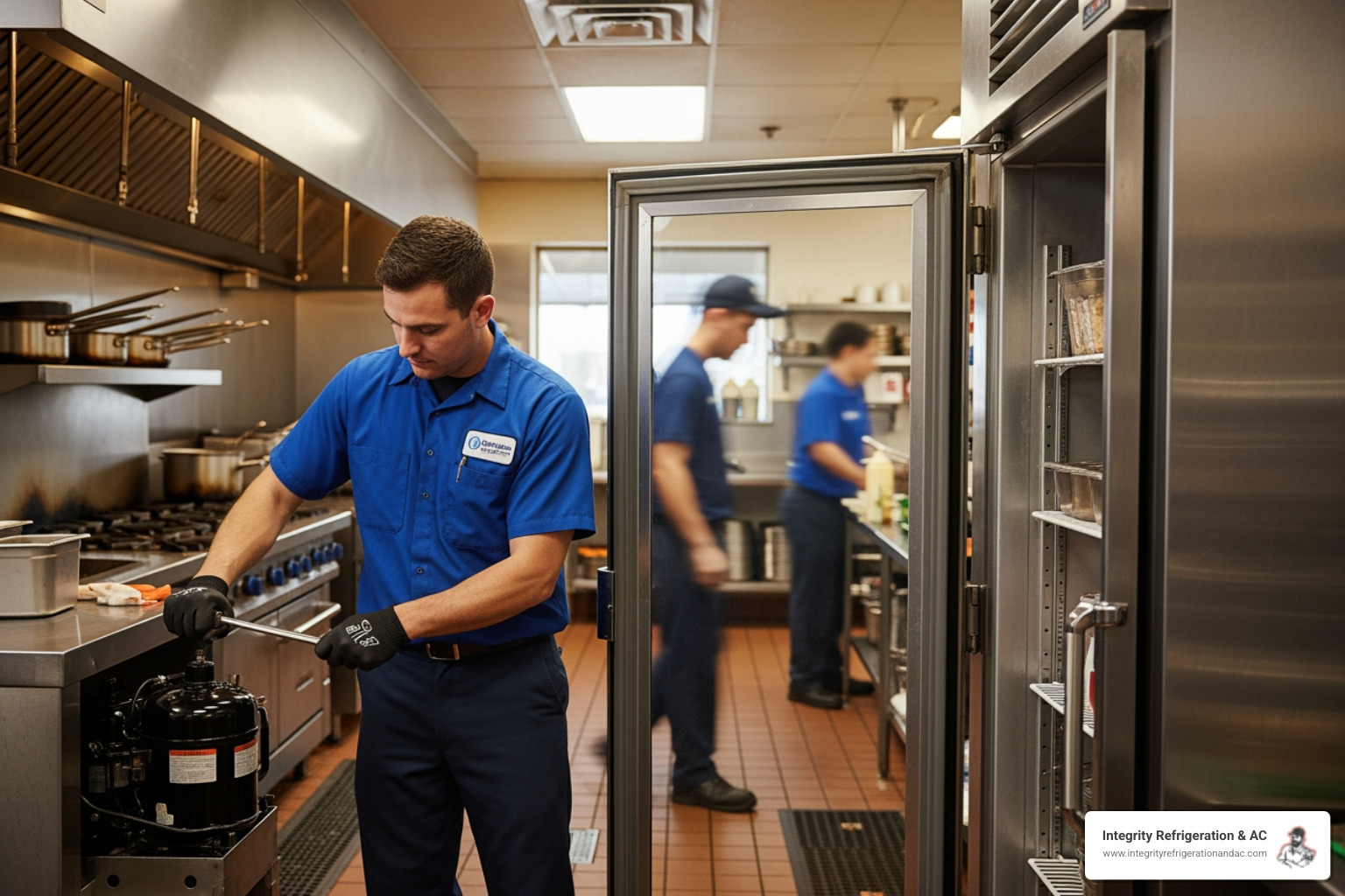 Infographic showing the top 5 warning signs your commercial refrigeration needs immediate professional attention: temperature reading above 40°F for refrigerators or above 0°F for freezers, condensation or frost buildup on exterior surfaces, motor cycling on and off rapidly within short intervals, visible water leaks or pooling near the unit base, and unusual sounds including grinding or loud humming - best commercial refrigeration repair in lakeland, fl