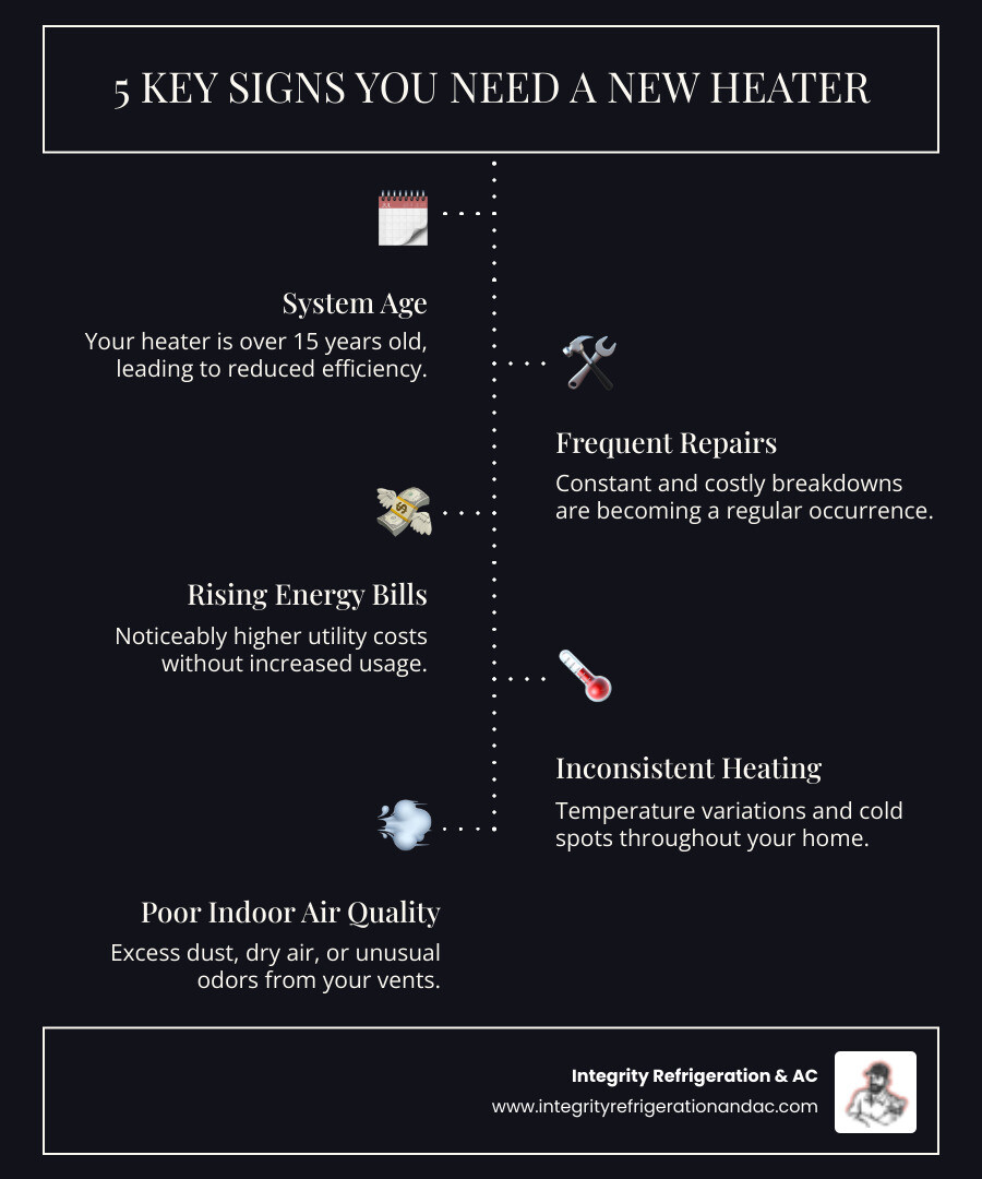 Infographic showing 5 key signs you need a new heater: 1) System is over 15 years old, 2) Frequent costly repairs, 3) Rising energy bills, 4) Inconsistent heating throughout your home, 5) Poor indoor air quality with dust and odors - heater installation service in winter haven, fl infographic infographic-line-5-steps-dark Infographic showing 5 key signs you need a new heater: 1) System is over 15 years old, 2) Frequent costly repairs, 3) Rising energy bills, 4) Inconsistent heating throughout your home, 5) Poor indoor air quality with dust and odors - heater installation service in winter haven, fl infographic infographic-line-5-steps-dark