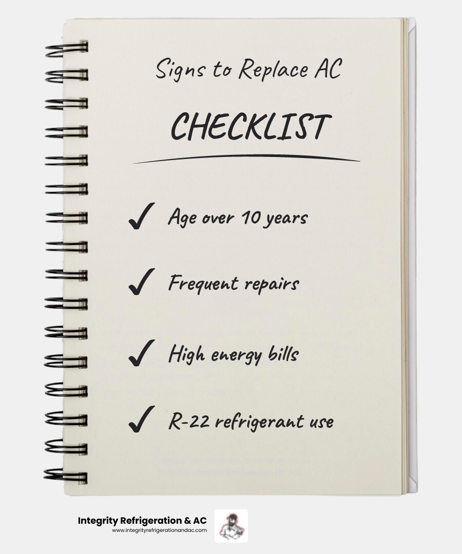 Infographic showing AC system lifespan of 15-20 years, signs it's time to replace including age over 10 years, frequent repairs, high energy bills, and R-22 refrigerant use, alongside energy savings of up to 40% with a new high-SEER unit, and a checklist of what makes an HVAC contractor reliable in Lakeland FL including licensing, local experience, verified reviews, proper sizing, warranty, and financing - "Which HVAC contractors provide the most reliable AC replacement Lakeland FL?" infographic checklist-notebook