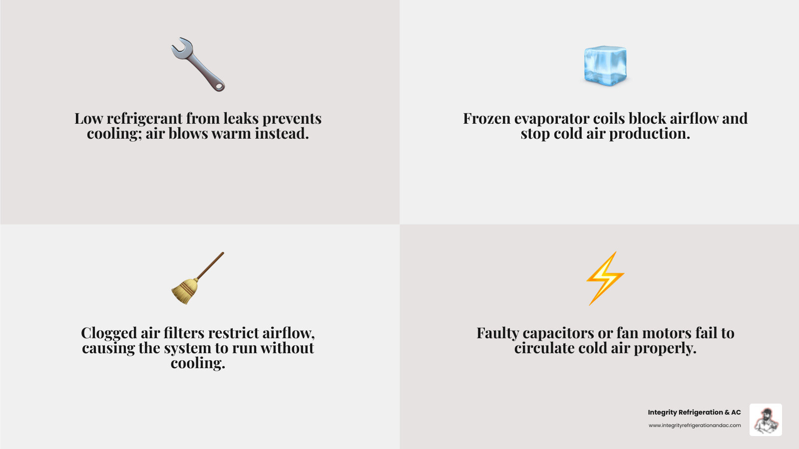Infographic showing the top 5 reasons an AC unit runs but stops blowing cold air in Davenport FL including refrigerant leaks frozen evaporator coils clogged filters faulty capacitors and compressor failure with icons and brief explanations for each cause and a call to action to contact a local HVAC technician - "The AC unit at my house in Davenport is running but not blowing cold air. Who can I call for AC repair?" infographic 4_facts_emoji_grey Infographic showing the top 5 reasons an AC unit runs but stops blowing cold air in Davenport FL including refrigerant leaks frozen evaporator coils clogged filters faulty capacitors and compressor failure with icons and brief explanations for each cause and a call to action to contact a local HVAC technician - "The AC unit at my house in Davenport is running but not blowing cold air. Who can I call for AC repair?" infographic 4_facts_emoji_grey