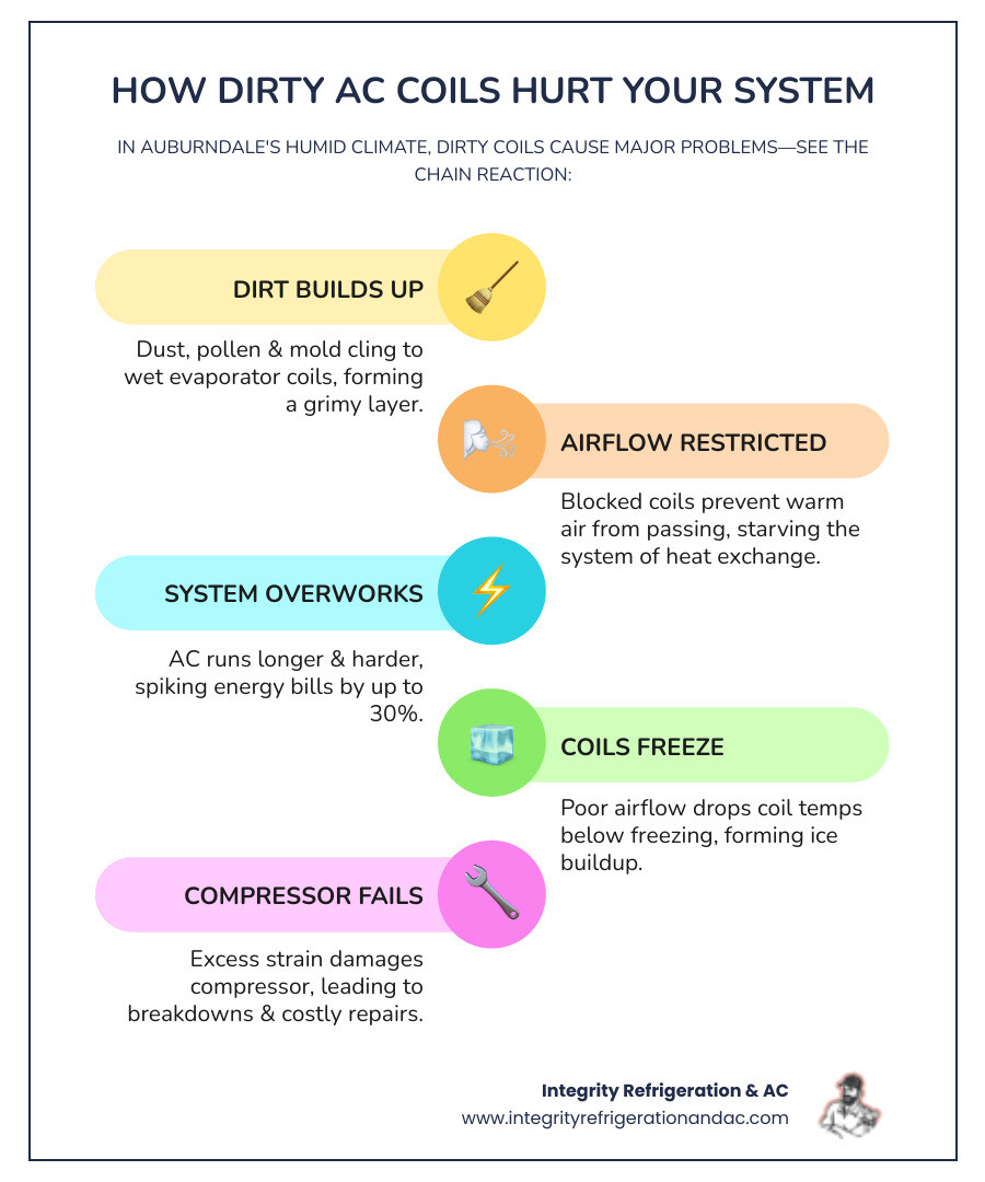 Infographic showing how dirty AC coils restrict airflow and reduce heat exchange efficiency, leading to higher energy bills and system strain in Auburndale's humid climate - ac coil cleaning in auburndale fl infographic infographic-line-5-steps-colors Infographic showing how dirty AC coils restrict airflow and reduce heat exchange efficiency, leading to higher energy bills and system strain in Auburndale's humid climate - ac coil cleaning in auburndale fl infographic infographic-line-5-steps-colors