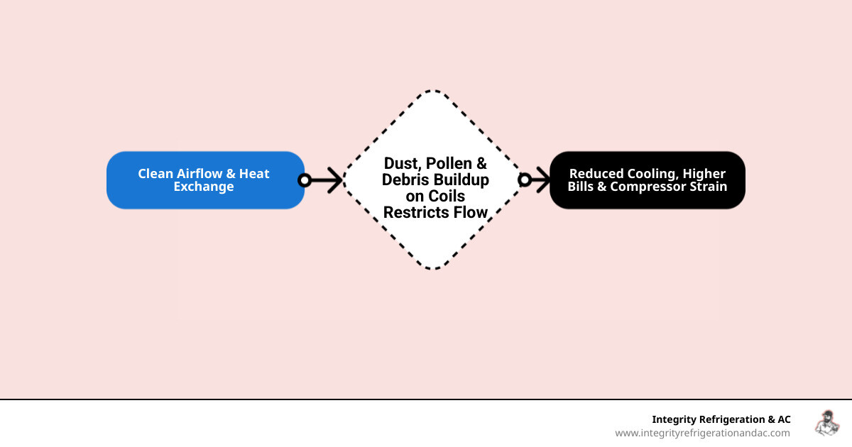Infographic showing how dirty AC coils restrict airflow: clean coils allow free airflow and efficient heat transfer, while dust-covered coils block air movement and trap heat, leading to reduced cooling capacity, higher energy bills, and increased wear on the compressor - ac coil cleaning company in auburndale, fl infographic flowmap_simple Infographic showing how dirty AC coils restrict airflow: clean coils allow free airflow and efficient heat transfer, while dust-covered coils block air movement and trap heat, leading to reduced cooling capacity, higher energy bills, and increased wear on the compressor - ac coil cleaning company in auburndale, fl infographic flowmap_simple