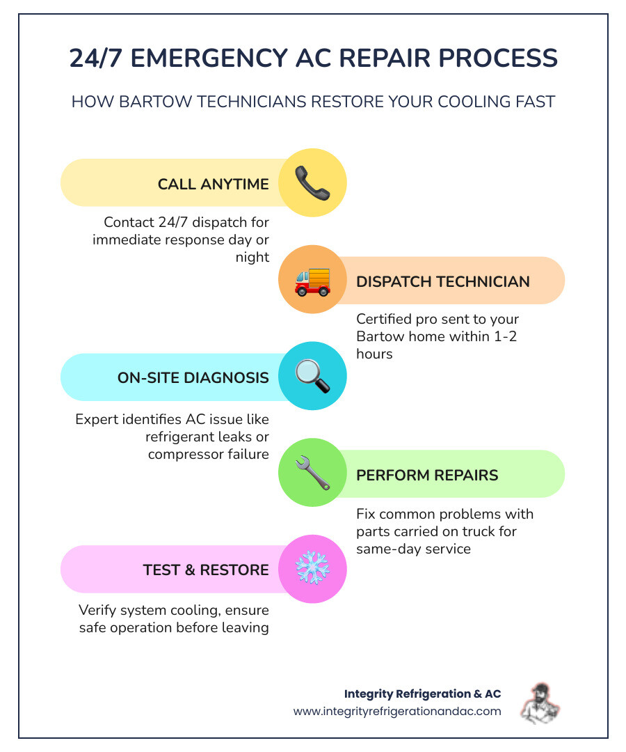 Infographic showing the 24/7 emergency AC repair process: Step 1 - Call anytime day or night; Step 2 - Dispatcher sends certified technician to your Bartow home; Step 3 - Technician diagnoses the issue on-site; Step 4 - Repairs completed same visit when possible; Step 5 - System tested and cooling restored - 24 hour ac repair in bartow, fl infographic infographic-line-5-steps-colors