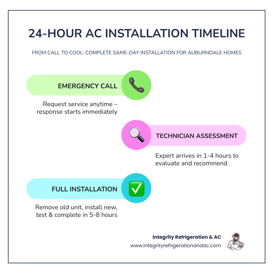 Infographic showing the 24-hour emergency AC installation timeline in Auburndale FL: Step 1 - Call for emergency service (immediate); Step 2 - Technician arrives for assessment (within 1-4 hours); Step 3 - System recommendation and approval (30-60 minutes); Step 4 - Old unit removal and disposal (1-2 hours); Step 5 - New AC system installation (3-5 hours); Step 6 - System testing and walkthrough (30-60 minutes); Total estimated time: same day completion for most residential systems - 24 hour ac installation in auburndale, fl infographic infographic-line-3-steps-colors