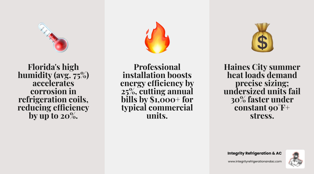Infographic showing commercial refrigeration lifecycle, efficiency tips, and installation steps for Haines City FL Infographic showing commercial refrigeration lifecycle, efficiency tips, and installation steps for Haines City FL