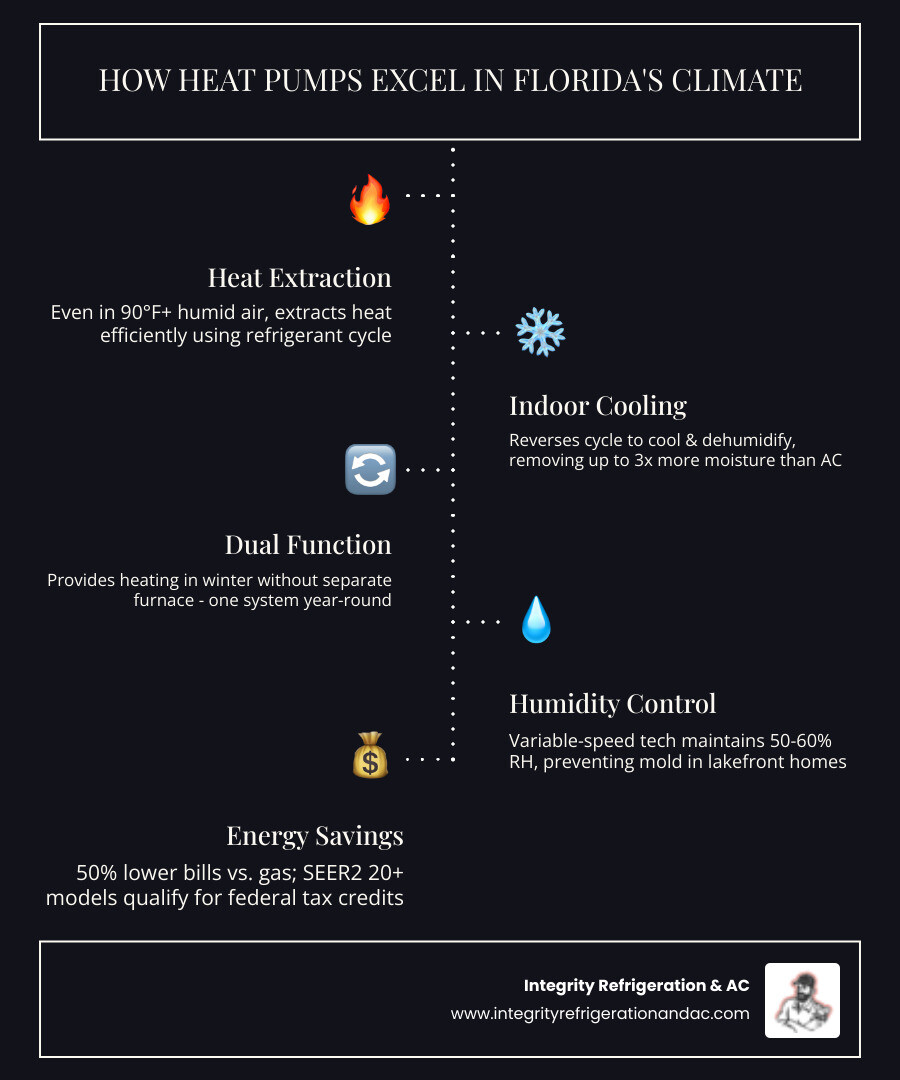 Infographic showing how heat pumps provide both cooling and heating in Florida's humid subtropical climate - best heat pump Infographic showing how heat pumps provide both cooling and heating in Florida's humid subtropical climate - best heat pump