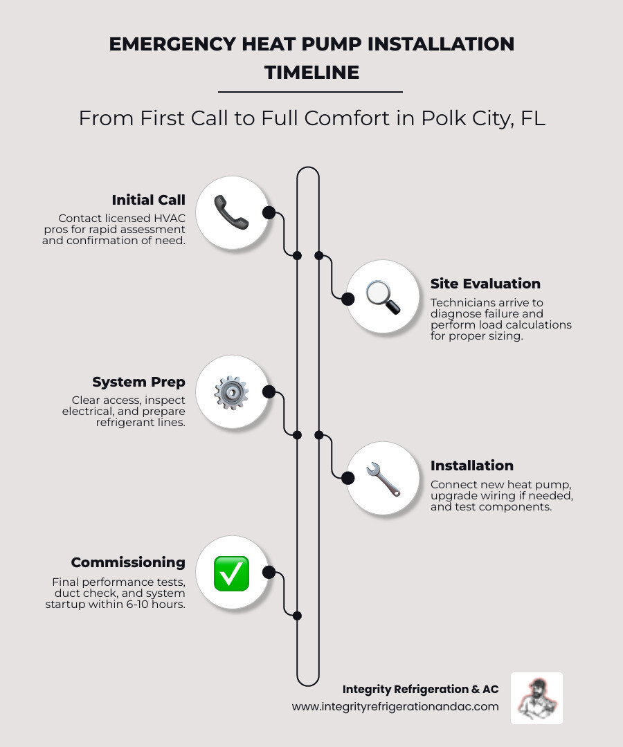 Infographic showing emergency heat pump installation timeline from first call to system running in Polk City FL - emergency