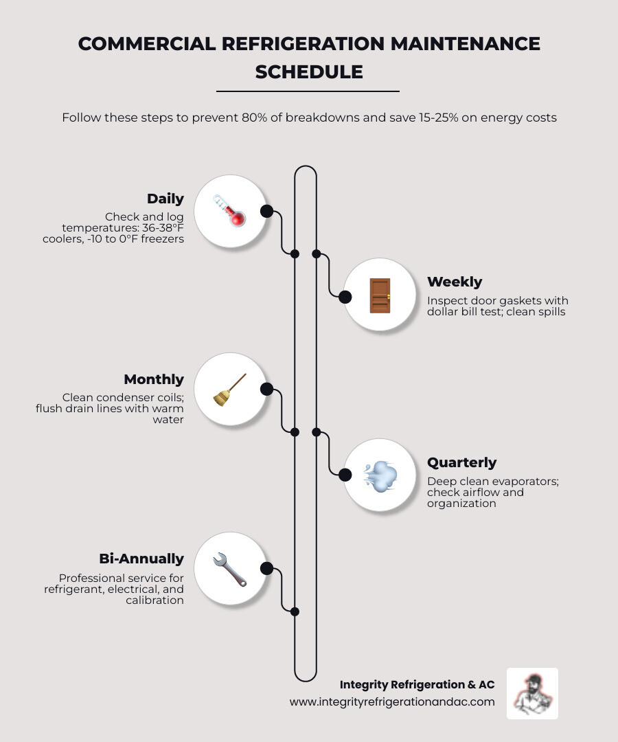 Infographic showing ROI of proactive commercial refrigeration maintenance: daily, weekly, monthly, quarterly tasks and cost