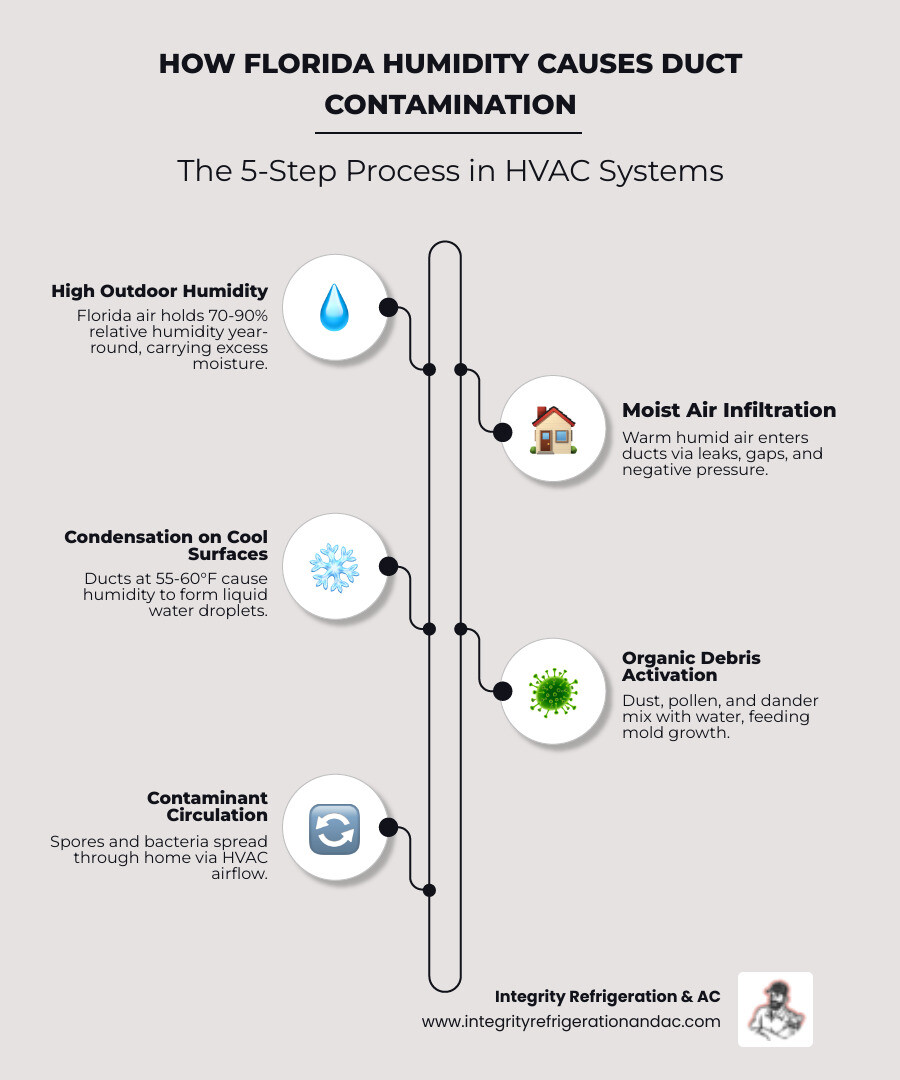 Infographic showing how Florida humidity leads to duct condensation, mold growth, and air contamination - how florida