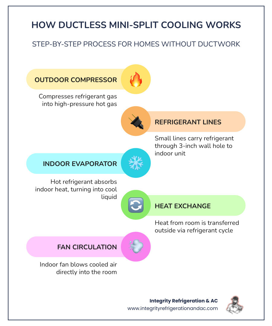 Infographic showing how ductless mini-split cooling works step by step for homes without ductwork - ductless cooling for Infographic showing how ductless mini-split cooling works step by step for homes without ductwork - ductless cooling for