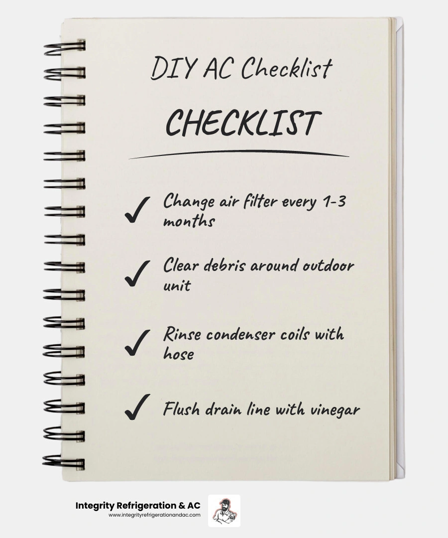 DIY AC maintenance checklist infographic showing filter change, condenser cleaning, drain flush, vent care, and thermostat DIY AC maintenance checklist infographic showing filter change, condenser cleaning, drain flush, vent care, and thermostat