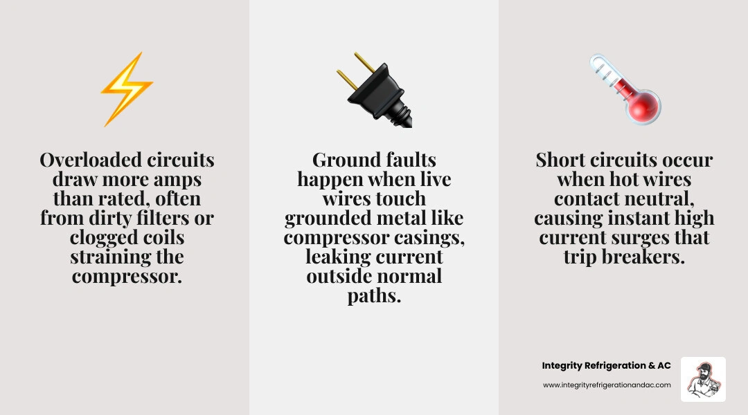 Infographic showing why AC circuit breakers trip: overload, short circuit, ground fault, and failing components with fire