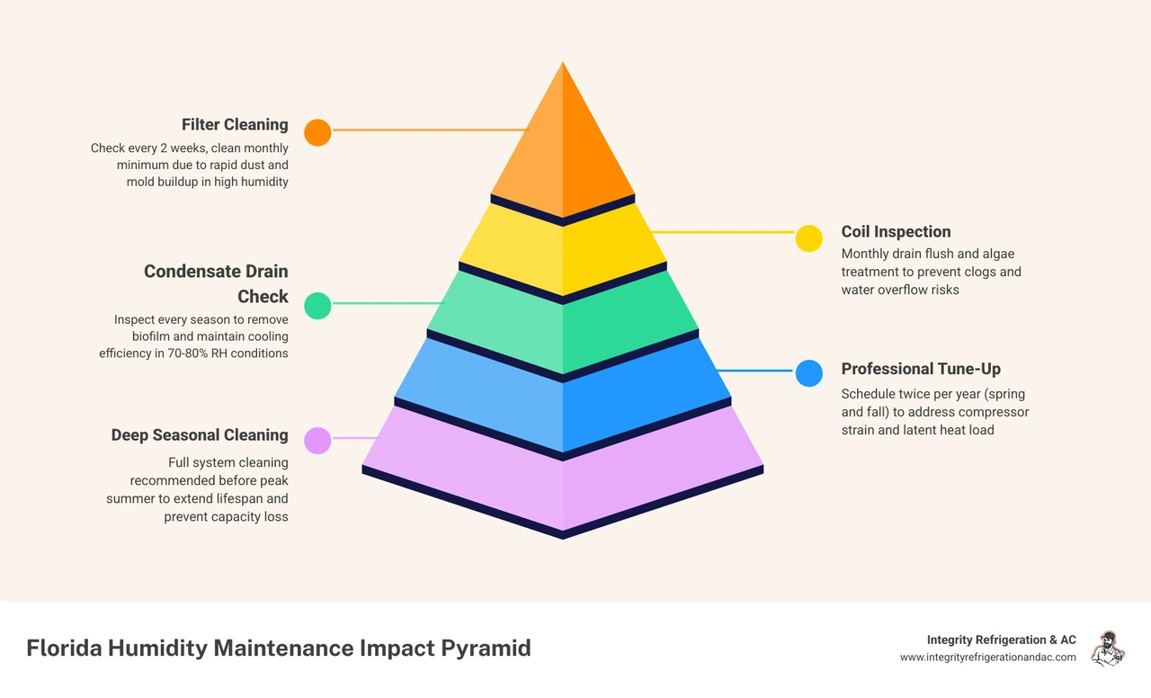Infographic showing how Florida humidity increases ductless mini-split maintenance frequency across filters, coils, drains Infographic showing how Florida humidity increases ductless mini-split maintenance frequency across filters, coils, drains