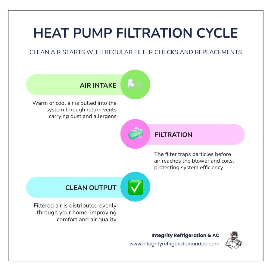 Infographic showing the heat pump filtration cycle steps from air intake to clean air output with filter replacement Infographic showing the heat pump filtration cycle steps from air intake to clean air output with filter replacement