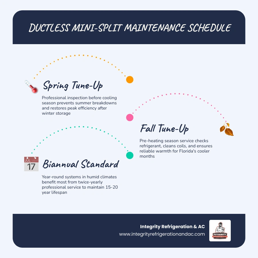 Infographic showing DIY vs professional ductless maintenance schedule: filter cleaning every 2-4 weeks by homeowner, annual