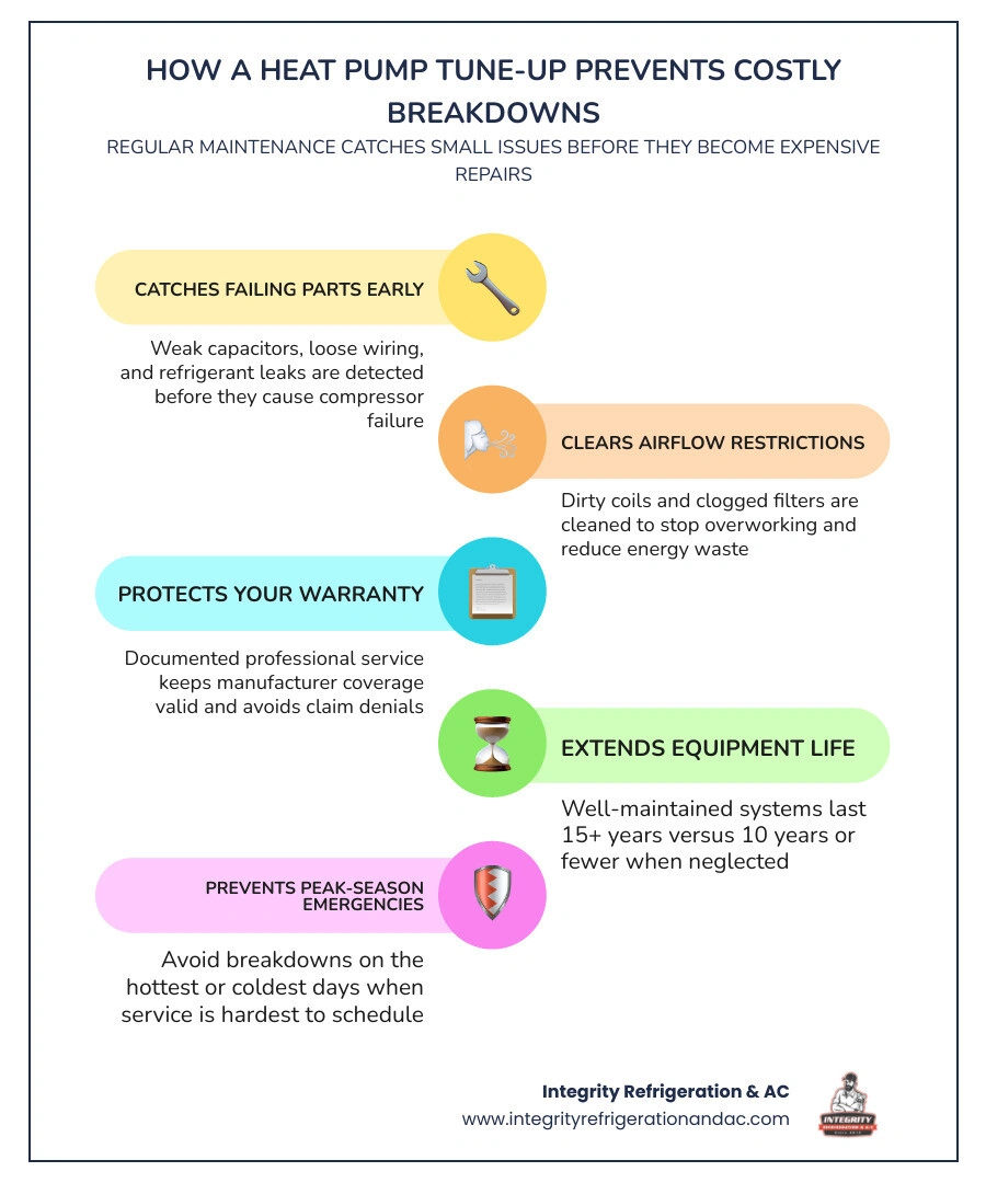 Infographic showing how a heat pump tune up prevents costly breakdowns through 5 key maintenance steps infographic