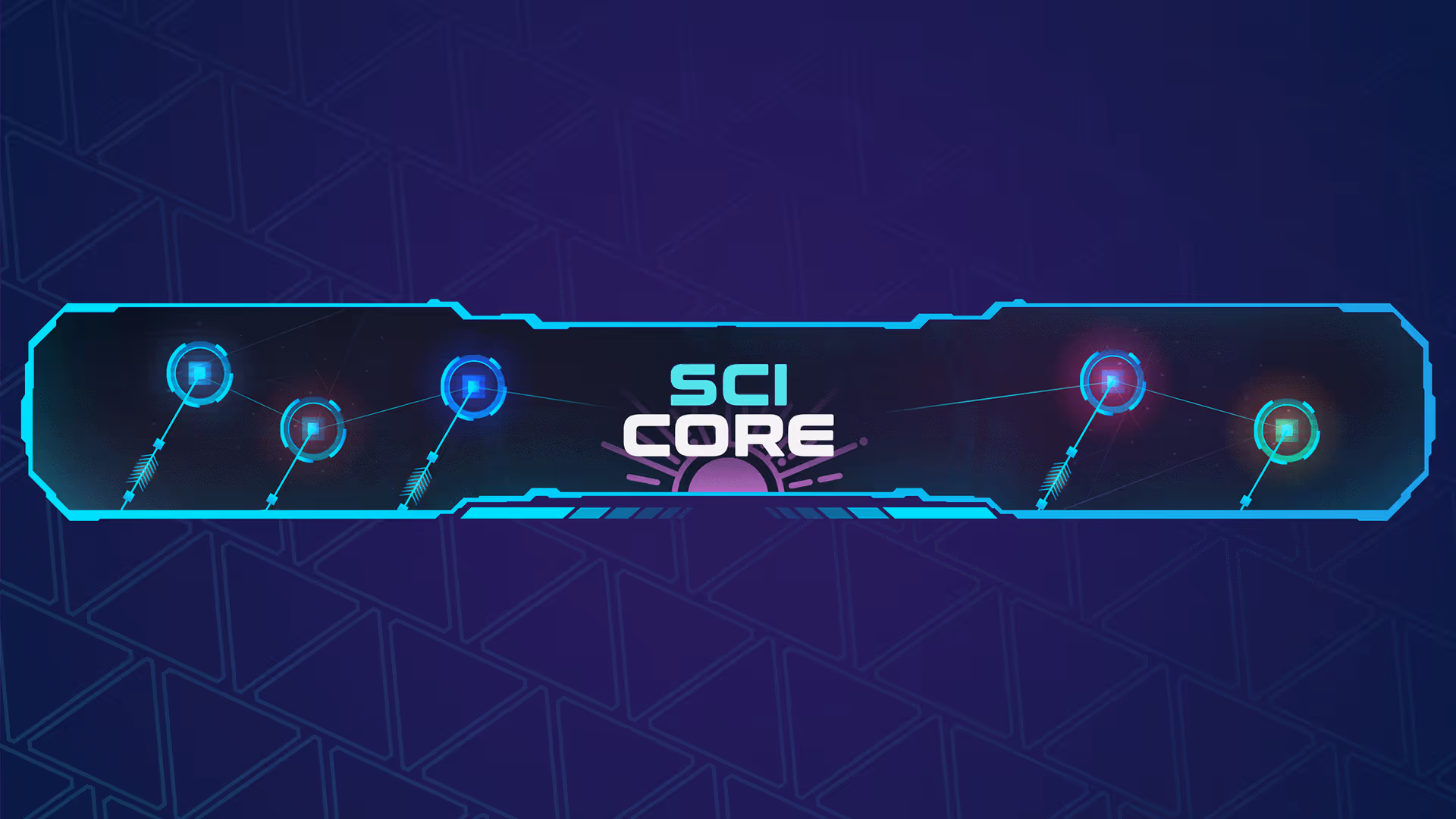 Sci-fi youtube banner with luinous UI elements and gemometric background.