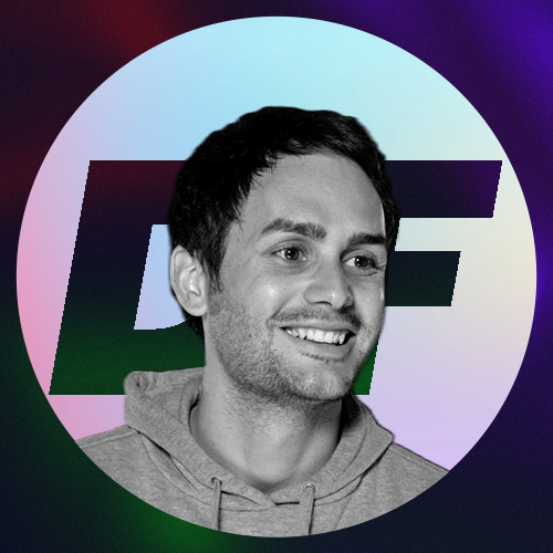 Smiling man with short dark hair wearing a hoodie in front of a circular gradient background with large stylized letters DF.