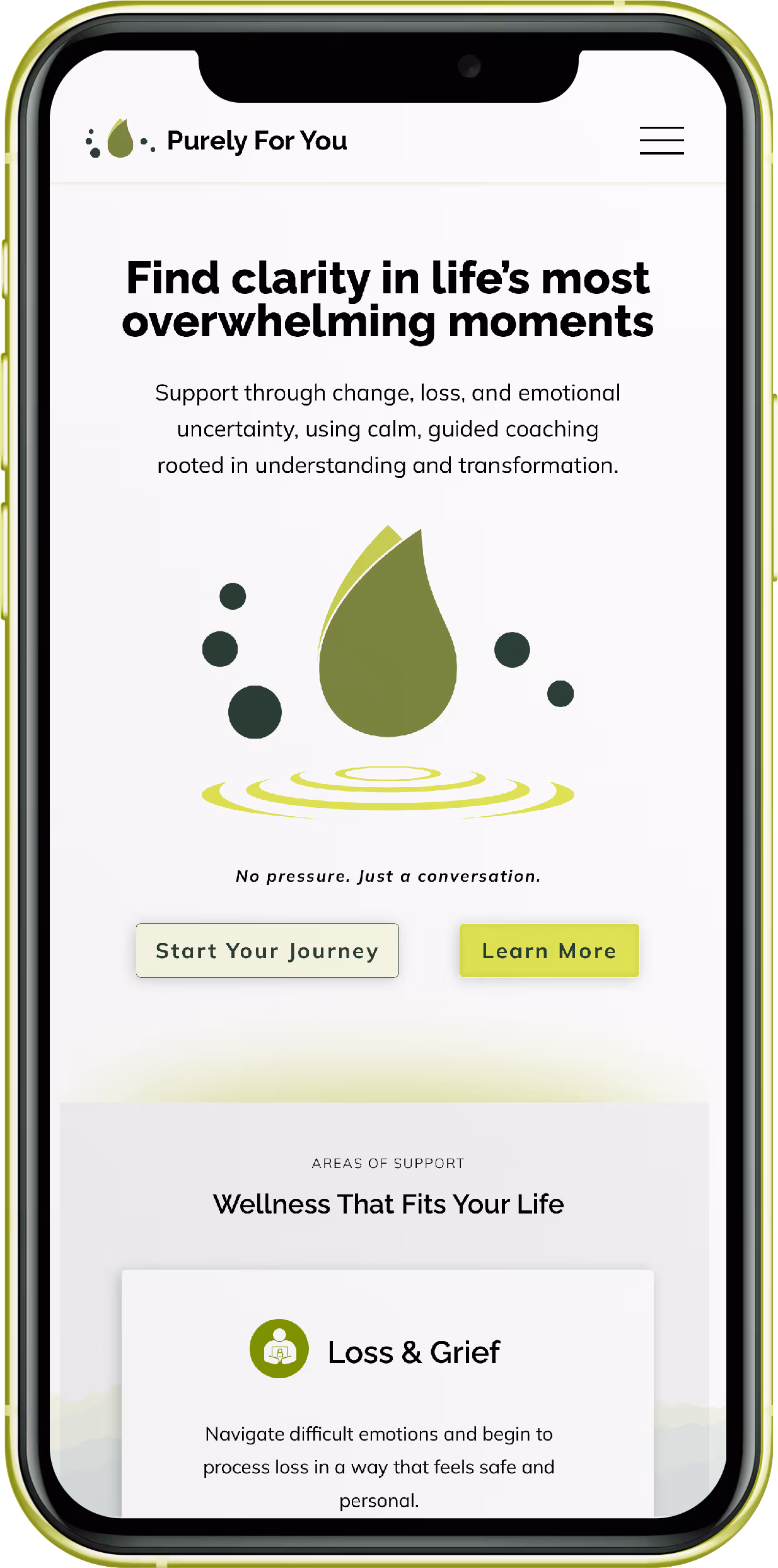 Purely For You mobile website concept shown inside a phone frame.