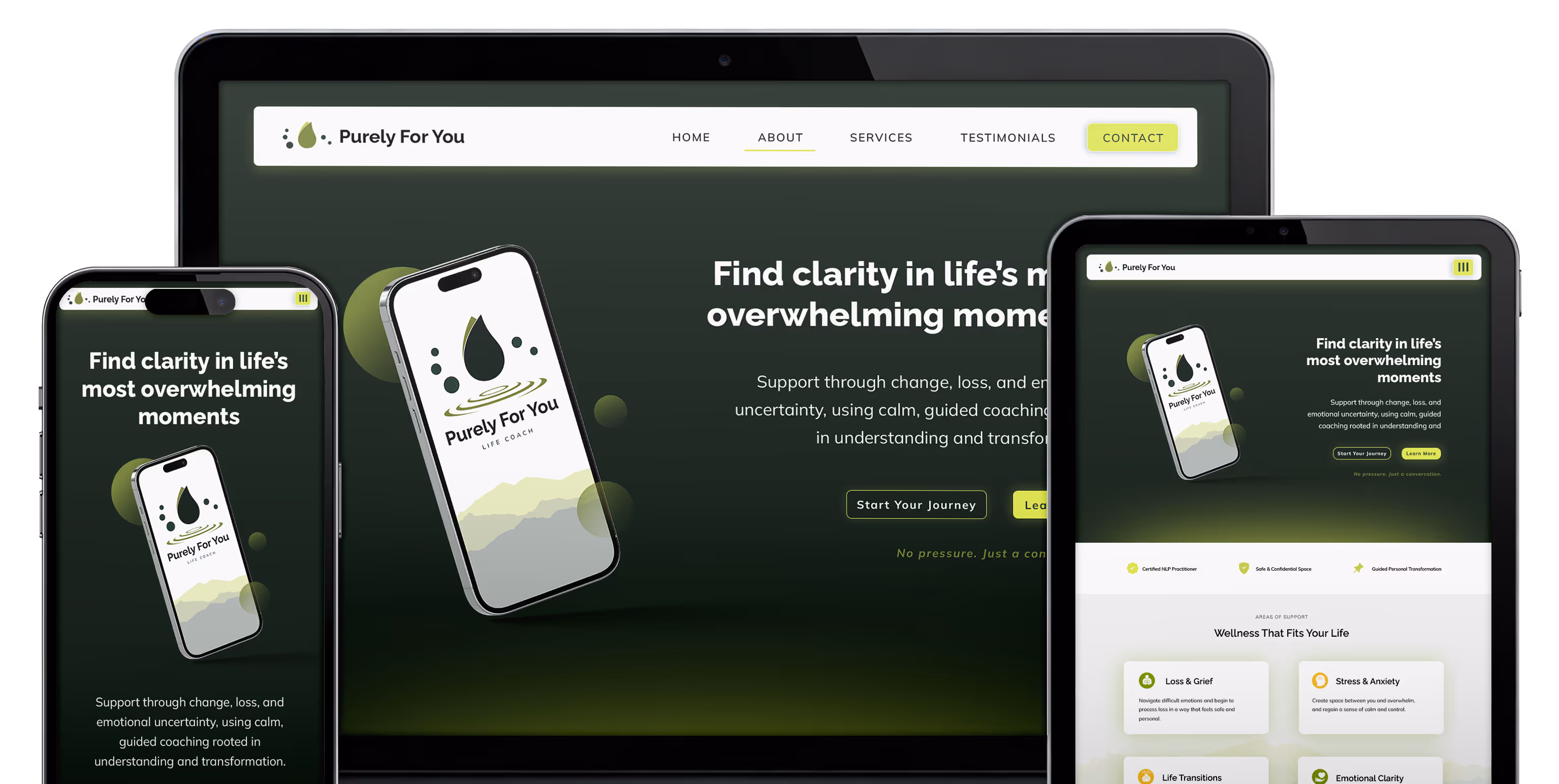 Responsive website for Purely For You life coach displayed on smartphone, tablet, and laptop with calming green background and text about support through change, loss, and emotional uncertainty.