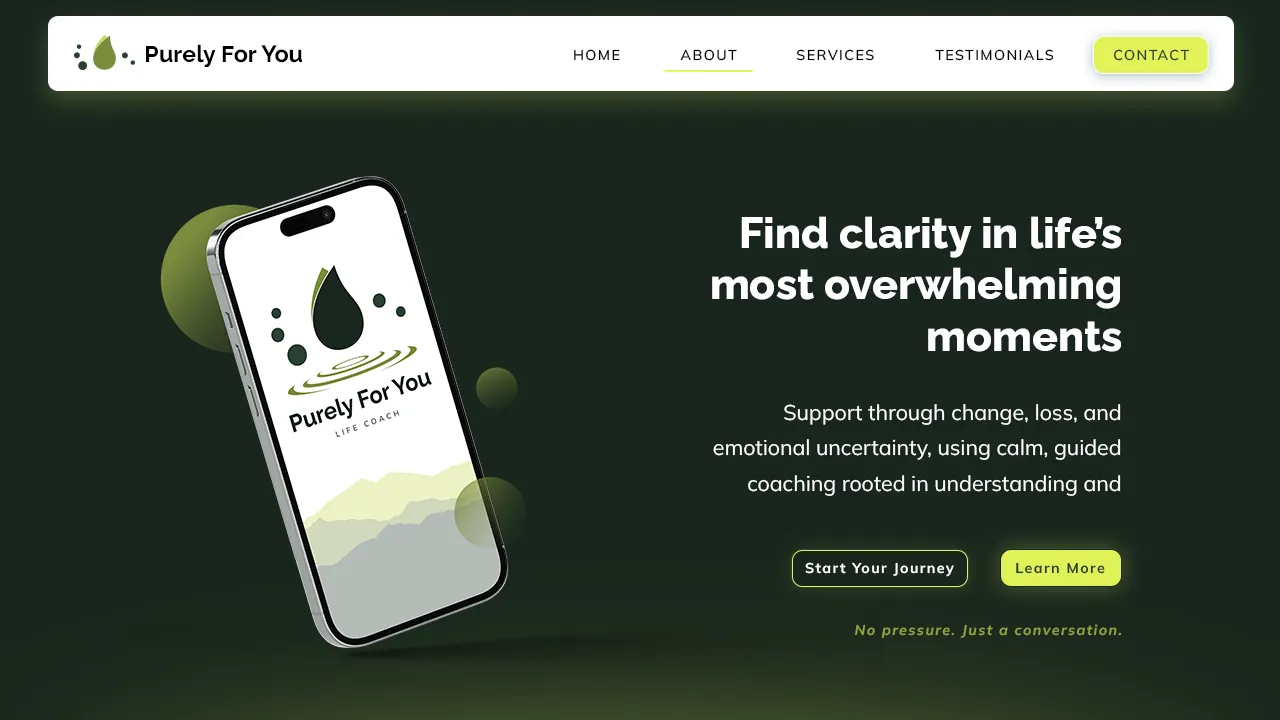 Website header for Purely For You life coach with menu options and a phone displaying the logo beside text about support through life’s overwhelming moments.