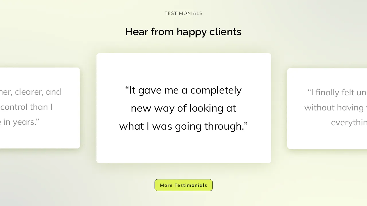 Testimonial section with client quote and supporting call to action.