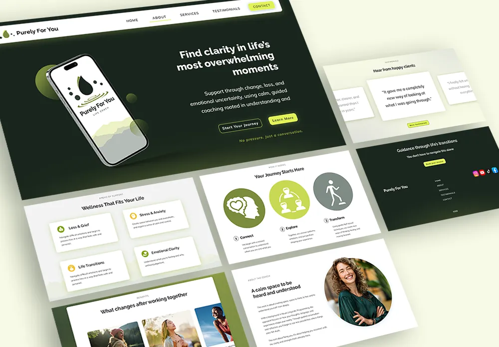 Website mockup for Purely For You showing a responsive wellness brand system across multiple website screens.