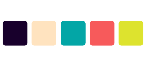 Color palette with five swatches and hex codes: dark purple #18002C, light peach #FFE3BF, teal #03A6A8, coral #F75A5B, and lime green #DDE32E.