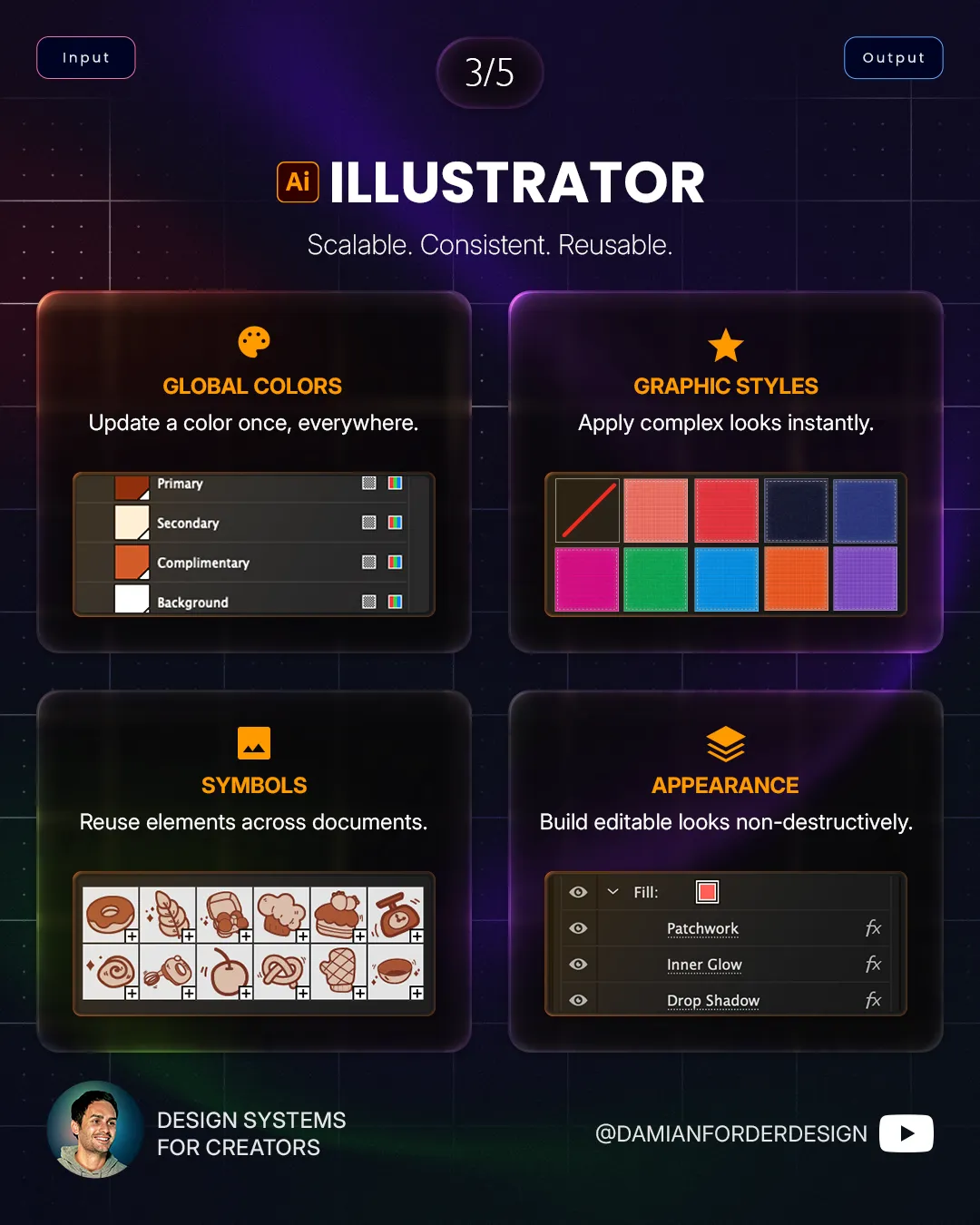 Illustrator system examples: Global Colours, Graphic Styles, Symbols and Appearance.