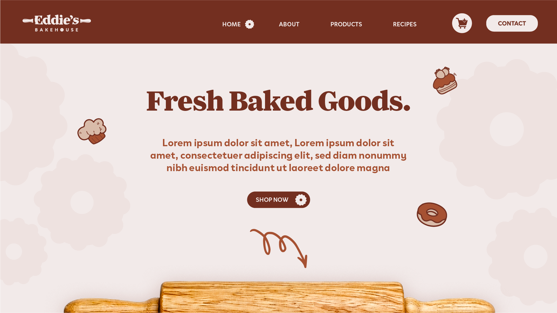 Eddie’s Bakehouse desktop homepage hero concept using warm bakery illustrations and a rolling pin as the main visual anchor.