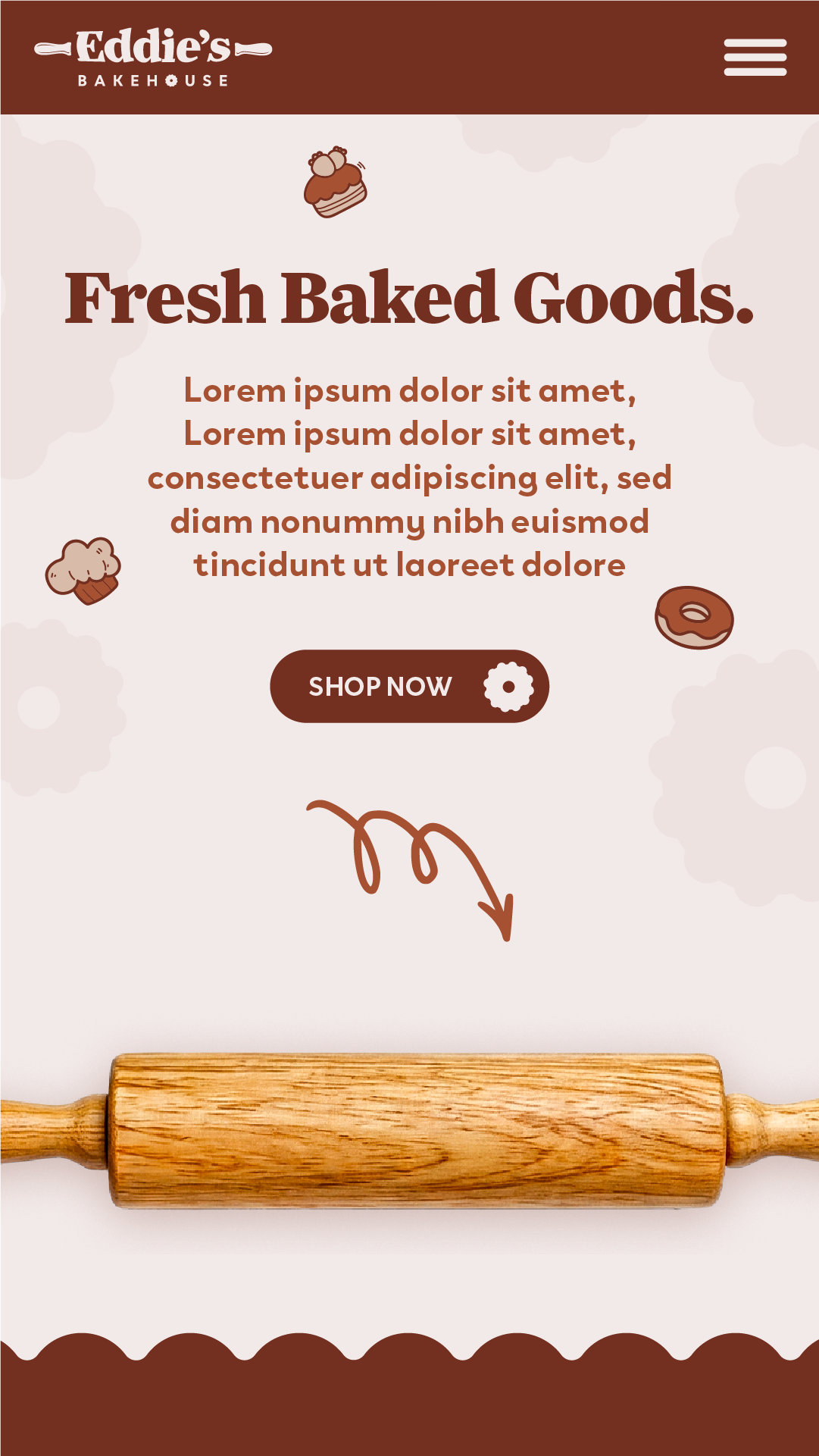 Eddie’s Bakehouse vertical homepage concept with stacked typography, bakery illustrations and an oversized rolling pin.