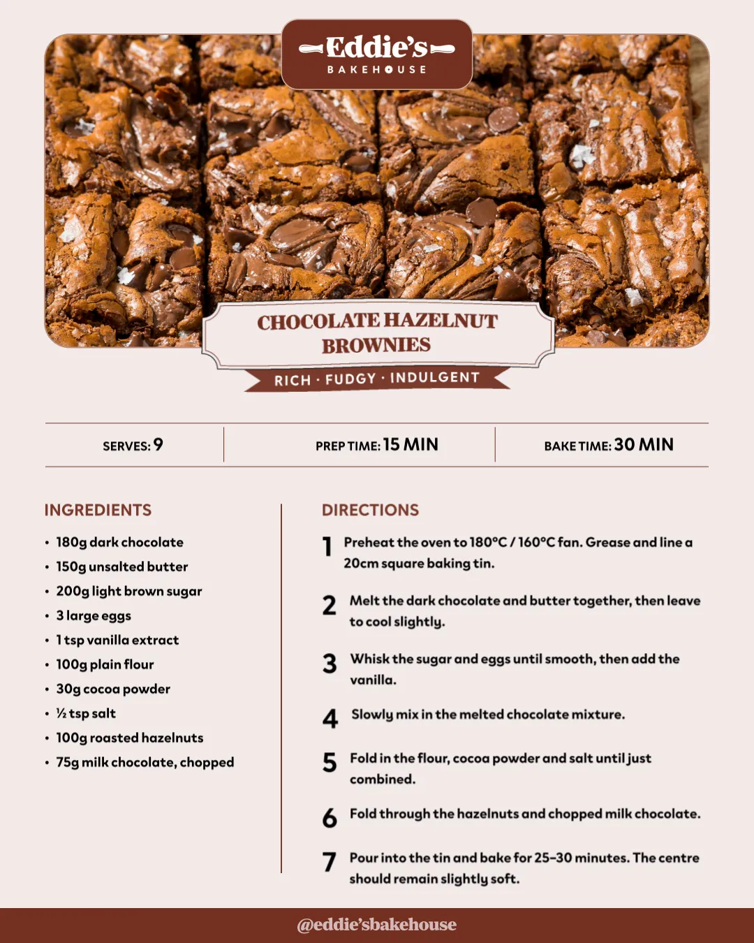 Eddie’s Bakehouse social recipe design for Chocolate Hazelnut Brownies, combining food photography with ingredients and baking directions.