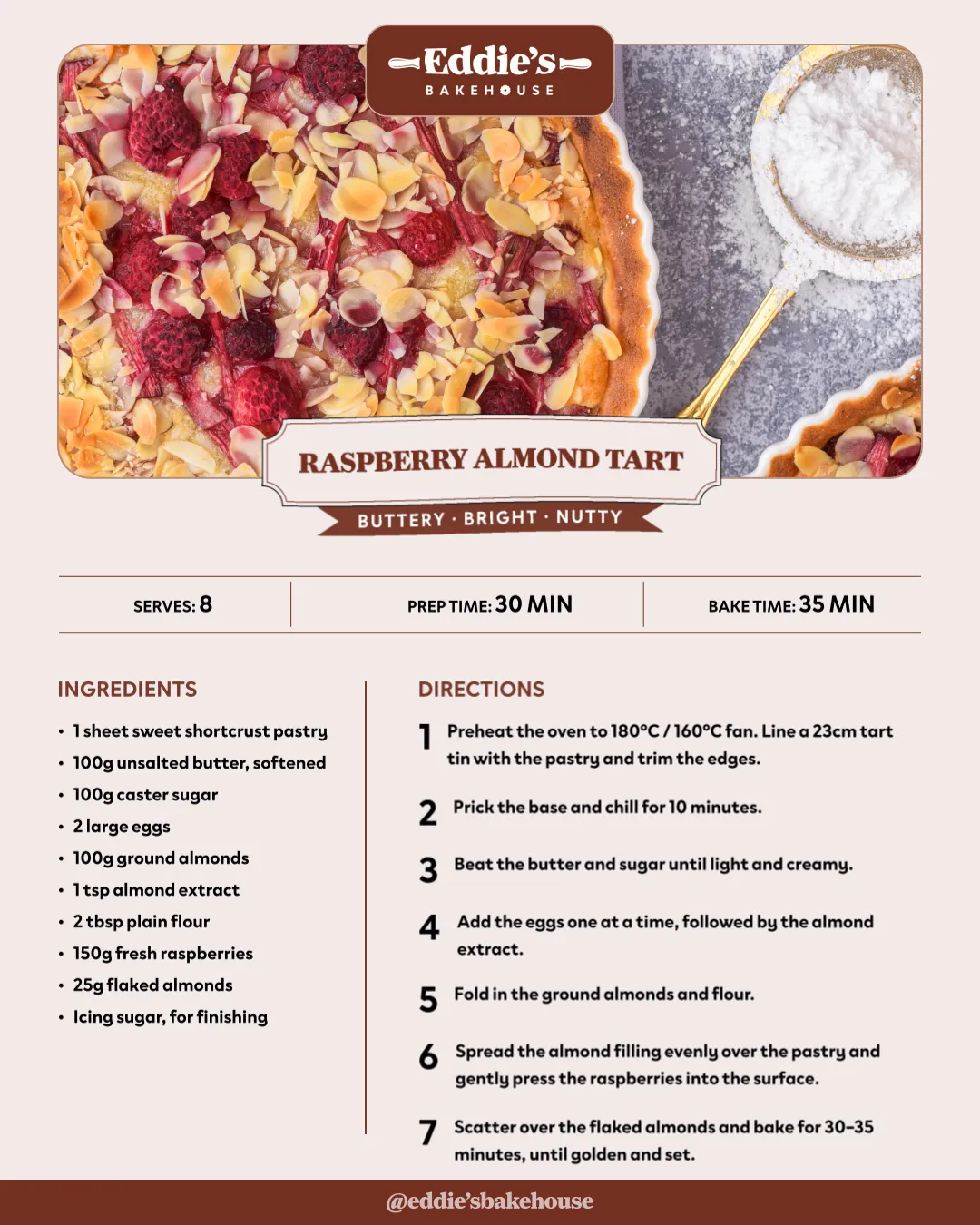 Eddie’s Bakehouse social recipe design for Raspberry Almond Tart, combining food photography with ingredients and baking directions.