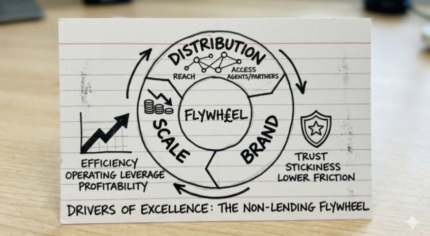 Hand-drawn flywheel diagram linking distribution, brand and scale to operating leverage and stickiness
