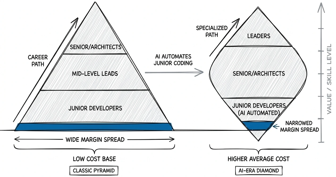 The Indian IT delivery pyramid becoming a diamond as AI automates the junior base: a wide margin spread narrowing, and a low cost base becoming a higher average cost.