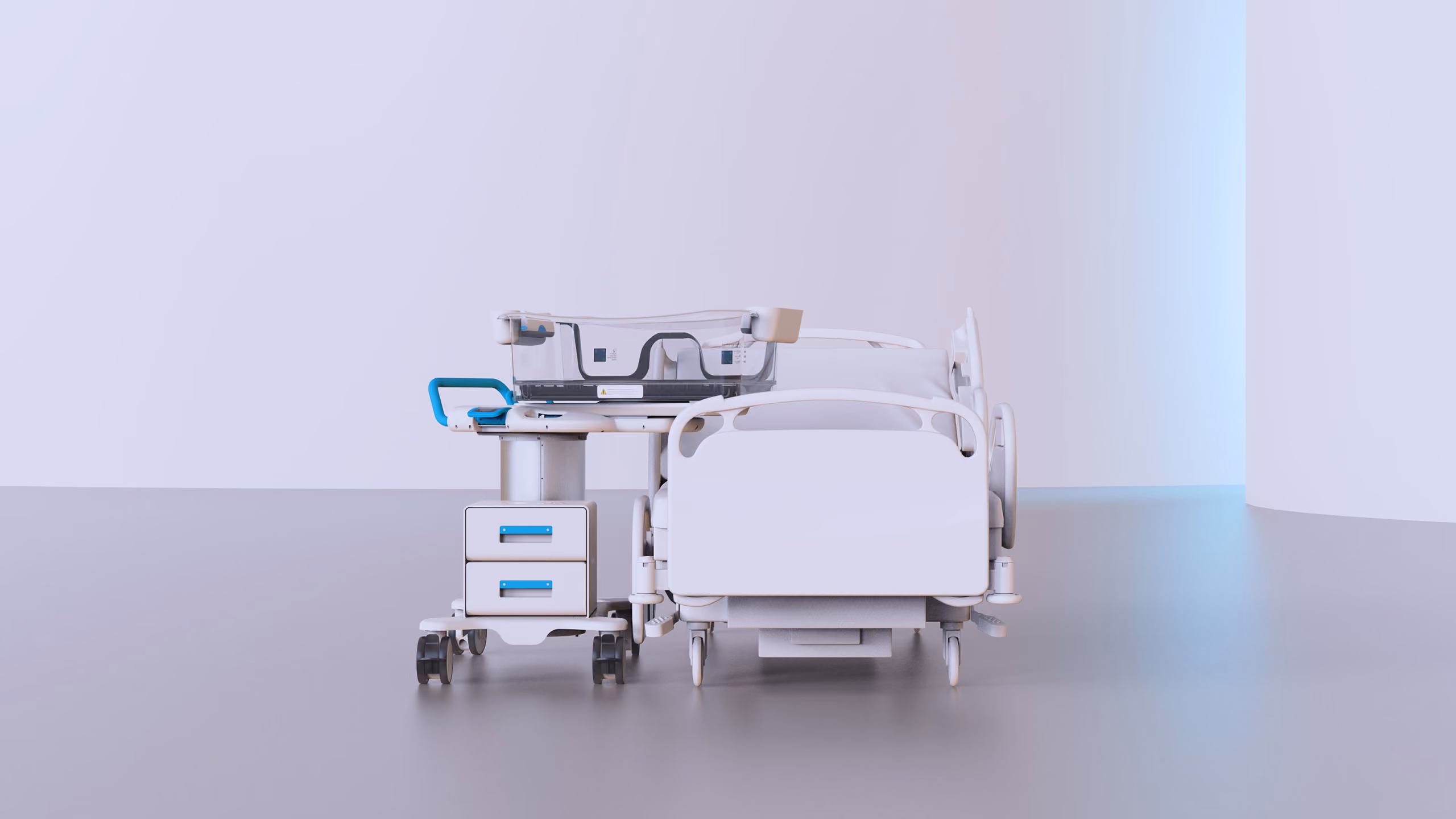 A bassinet and hospital bed in an empty room