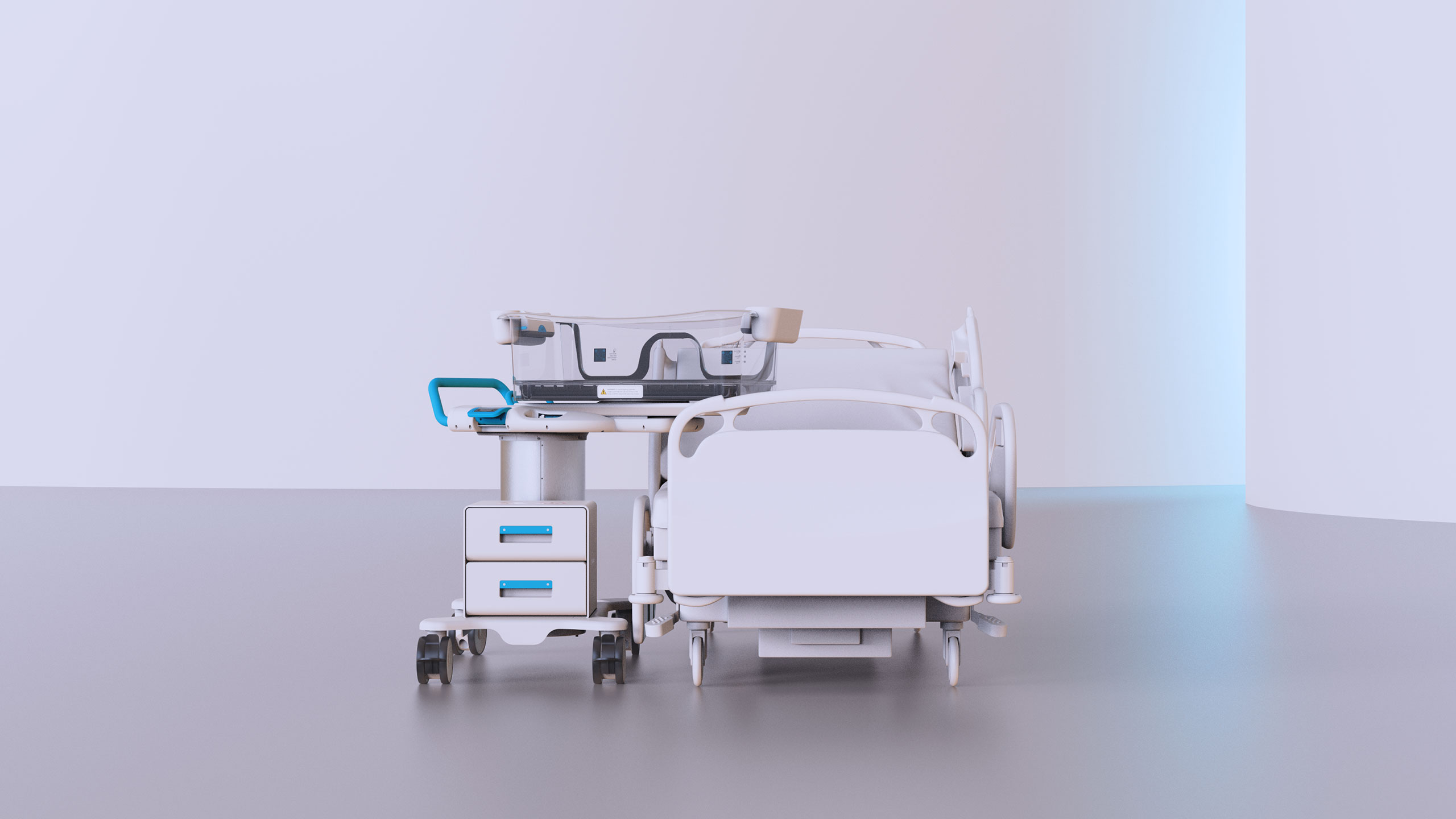 A bassinet and hospital bed in an empty room