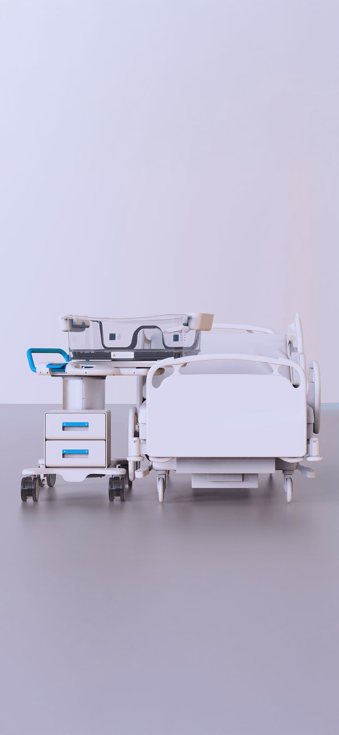 A bassinet and hospital bed in an empty room