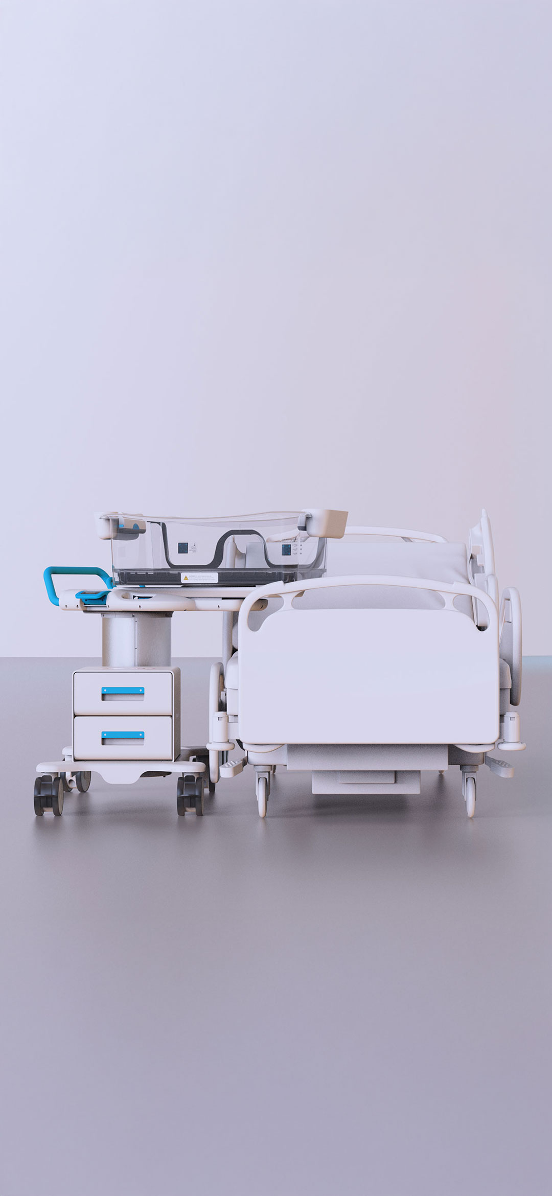 A bassinet and hospital bed in an empty room