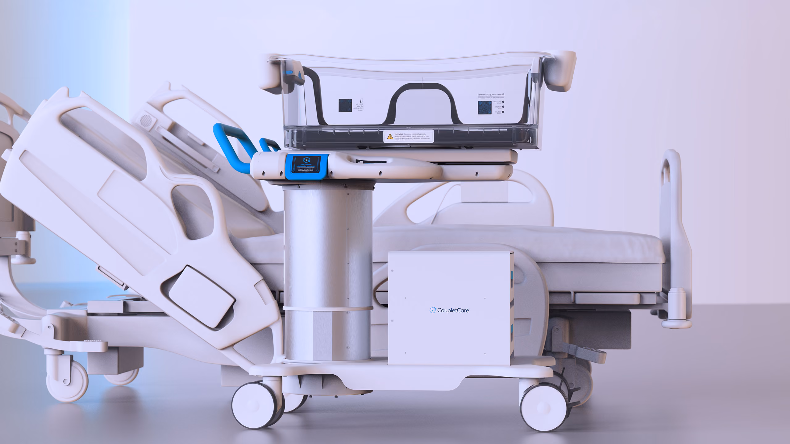 Side view of the Couplet Care Bassinet in from of a hospital bed