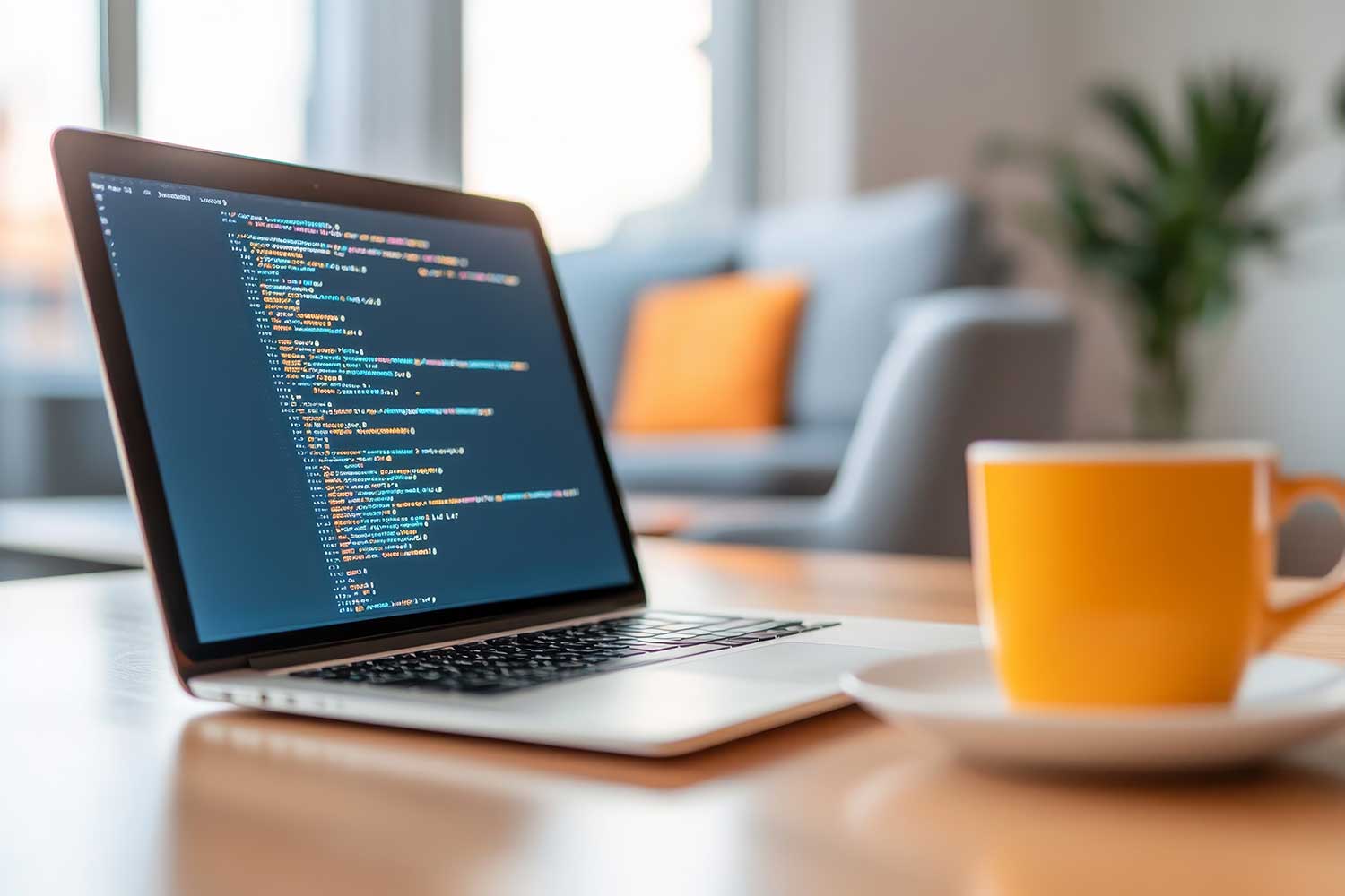 Laptop and coffee mug on a desk.