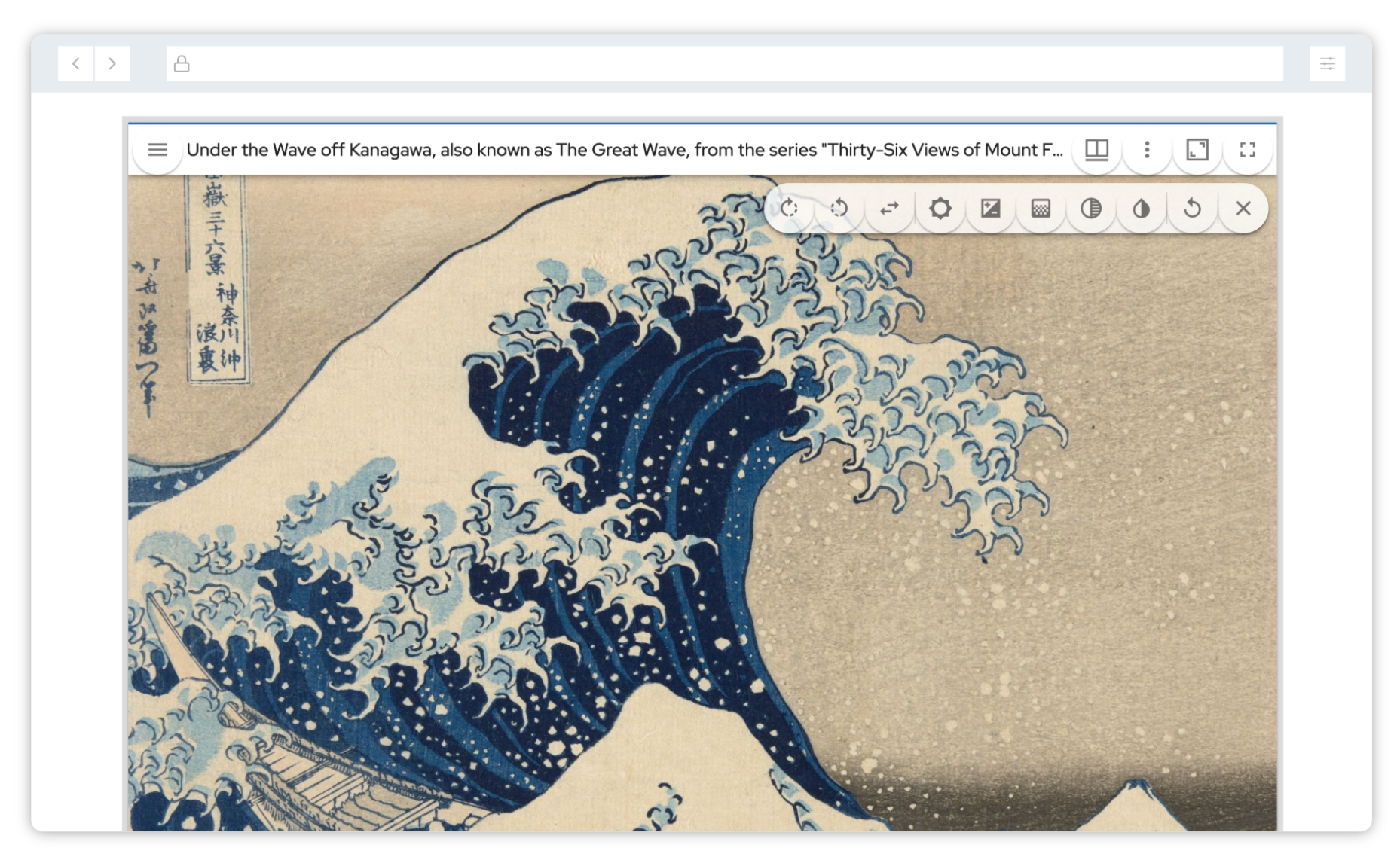 Detail of the famous woodblock print The Great Wave off Kanagawa showing a giant wave cresting with boat and Mount Fuji in the background.