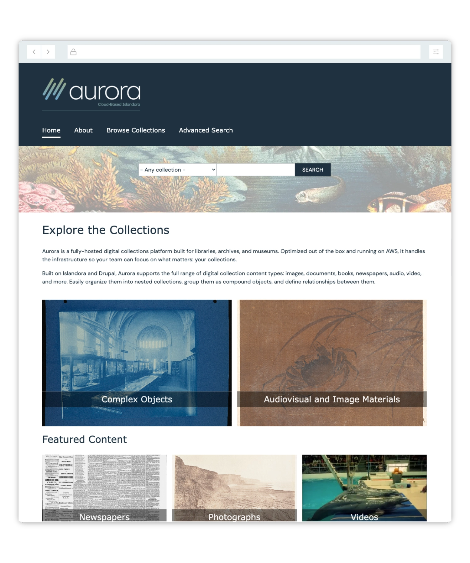 Aurora demo site showing the Explore the Collections interface and featured digital collections.