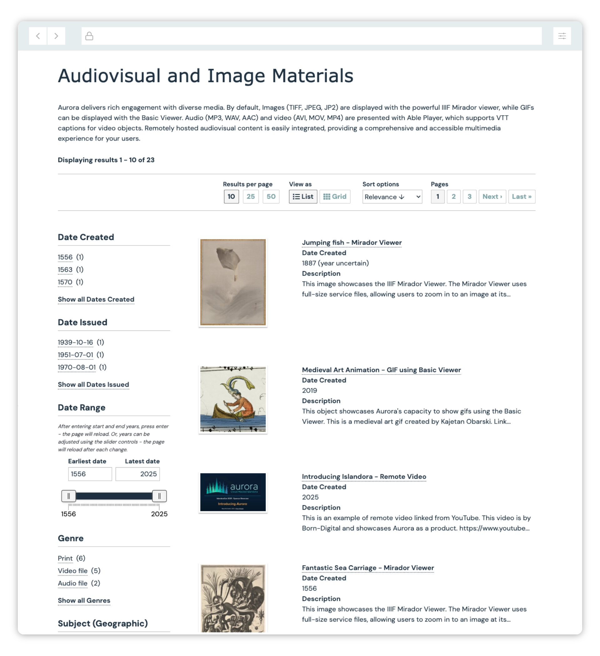 Aurora collection interface showing faceted browsing and search results for audiovisual and image materials.